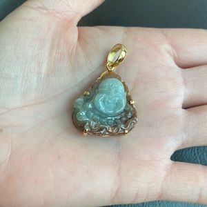 Small 14K Solid Real Gold Natural Red Jade Happy Laughing Buddha Pendant Grade A